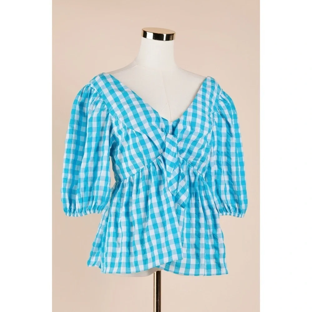 Sz 6 Lilly Pulitzer Sarafina Short Sleeve Turquoise Oasis Crinkle Gingham Top